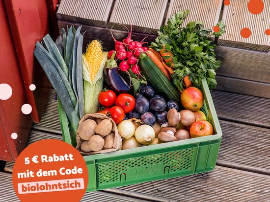 Kiste mit Bio Obst und Gemüse und Rabattcode "biolohntsich" für 5€ Rabatt