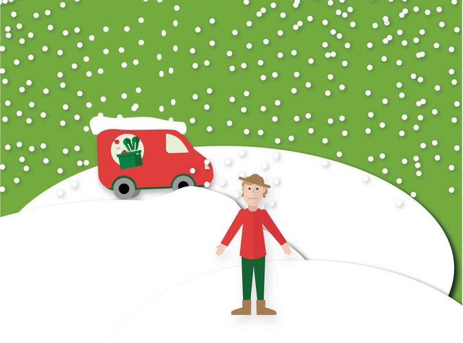 Ökokisten-Fahrzeug im Schnee gezeichnet