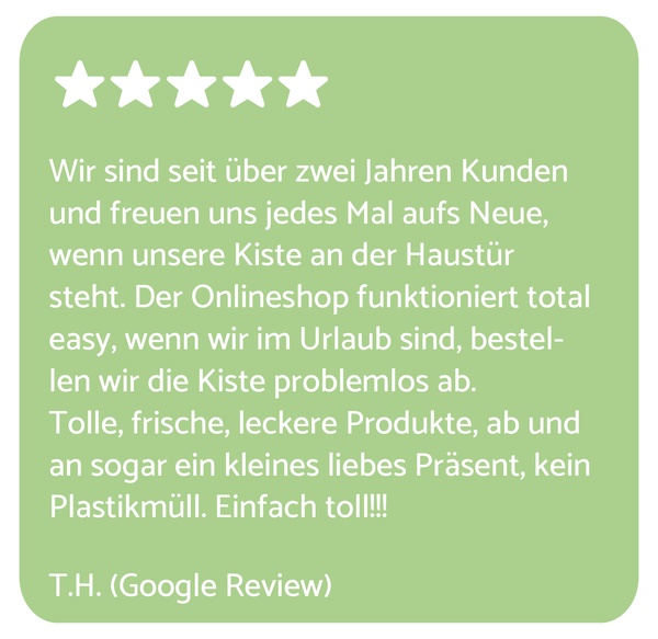 KI generiert: Fünf-Sterne-Bewertung eines Onlineshops mit Lob für frische Produkte und einfache Bestellung.