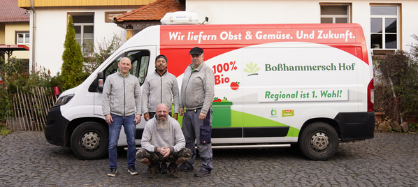 KI generiert: Vier Männer vor einem Lieferwagen. Text: "Wir liefern Obst & Gemüse. Und Zukunft."