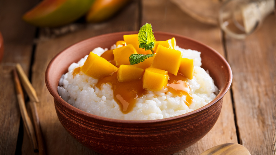 Rezeptbild für Milchreis mit Mangopüree und Karamell