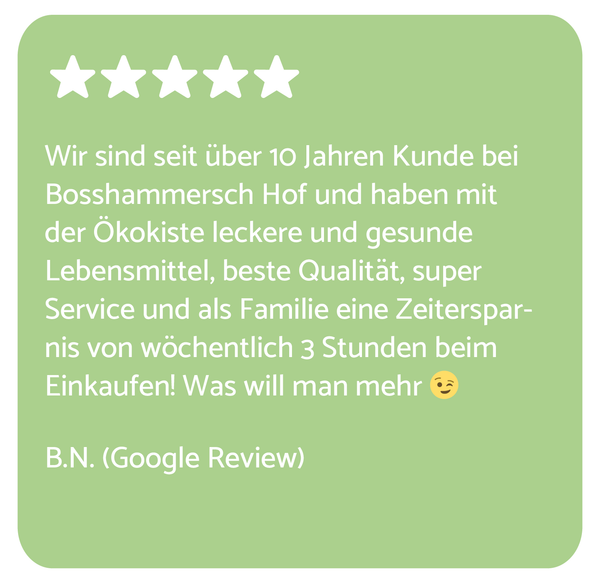 KI generiert: Eine 5-Sterne Google-Bewertung über den Bosshammersch Hof mit Lob für Qualität und Zeitersparnis.