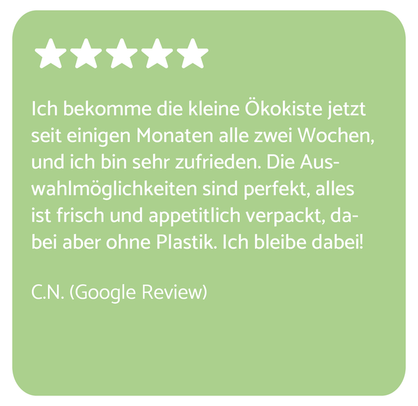 KI generiert: Rezension mit 5 Sternen über die Ökokiste: perfekte Auswahl, plastikfrei, zufriedenstellend. "Ich bleibe dabei!"