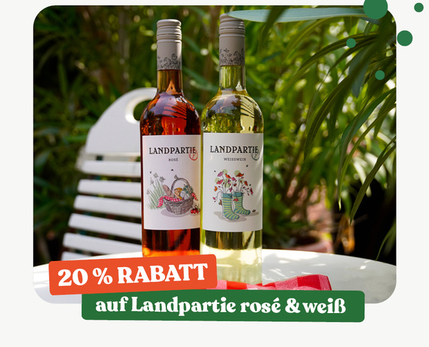 KI generiert: Zwei Weinflaschen auf Tisch, "20 % RABATT auf Landpartie rosé & weiß".