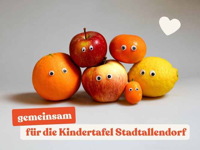 KI generiert: Früchte mit Kulleraugen; Text: "gemeinsam für die Kindertafel Stadtallendorf".