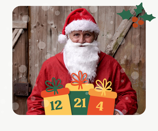 KI generiert: Ein Weihnachtsmann mit drei bunt verpackten Geschenken, beschriftet mit "12", "21" und "4".