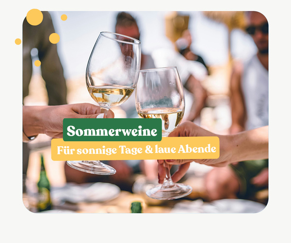 KI generiert: Personen stoßen mit Weingläsern an. Text: "Sommerweine Für sonnige Tage & laue Abende".