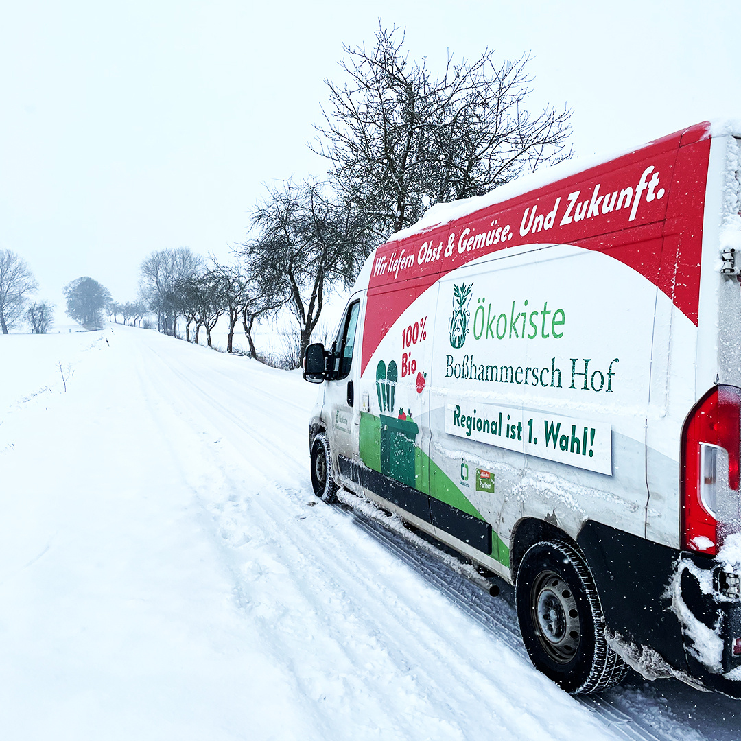 KI generiert: Ein Lieferwagen der Firma "Ökokiste Boßhammersch Hof" steht auf einer verschneiten Landstraße. Der Van wirbt für lokale und biologische Produkte.