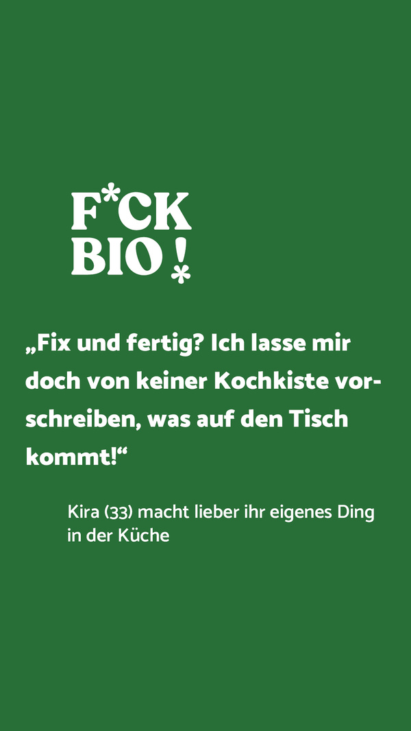 Grüne Farbkachel mit Text: Bio reicht doch eh nicht für uns alle