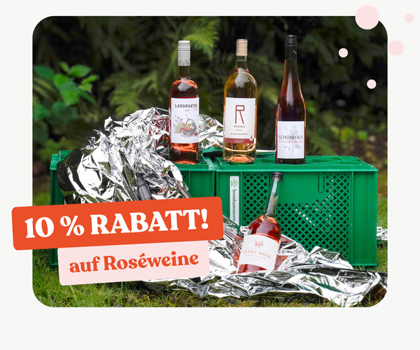 KI generiert: Grüner Kasten mit Roséweinen und der Aufschrift: "10 % RABATT! auf Roséweine".