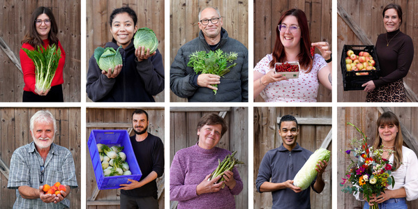 KI generiert: Menschen halten Gemüse und Früchte vor einem Holzhintergrund.