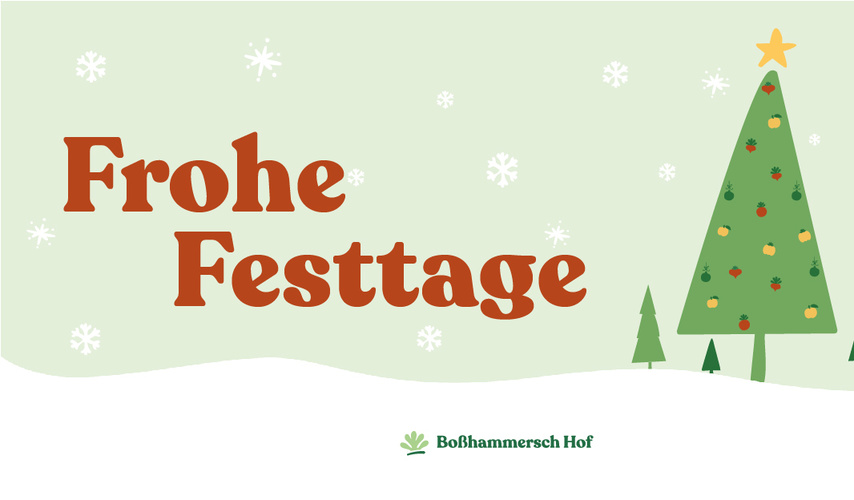 Karte mit Tannenbäumen und einem Weihnachtsbaum und dem Gruß Frohe Festtage