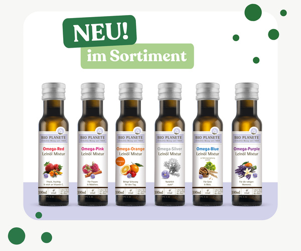 KI generiert: Sechs Flaschen Leinöl-Mixturen. Text: "NEU! im Sortiment".