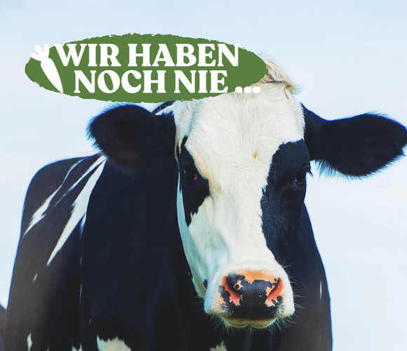 gefleckte Kuh auf Wiese mit dem Slogan - Wir haben noch nie ...