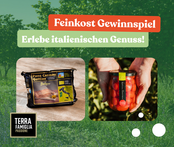 KI generiert: Feinkost-Gewinnspiel: Erlebe italienischen Genuss mit Pane Carasau und eingelegten Tomaten von Terra Famiglia.