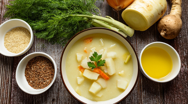 KI generiert: Ein Teller Gemüsesuppe mit rohem Gemüse und Gewürzen auf Holztisch.