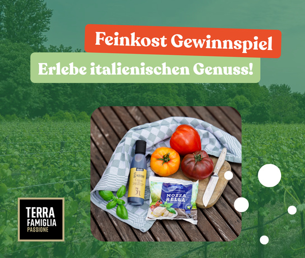 KI generiert: Kulinarisches Gewinnspiel mit italienischen Zutaten: Tomaten, Mozzarella und Olivenöl. Text: „Feinkost Gewinnspiel. Erlebe italienischen Genuss!“