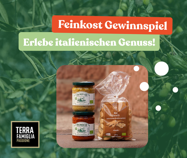 KI generiert: Feinkost Gewinnspiel mit italienischen Produkten. Text: "Feinkost Gewinnspiel Erlebe italienischen Genuss!"