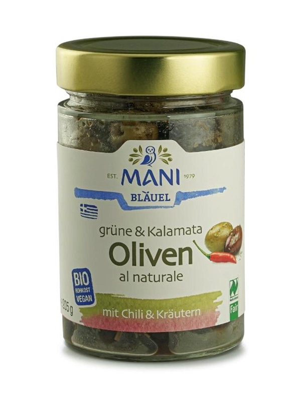 Produktfoto zu Mani Grüne & Kalamata Oliven mit Chili & Kräutern 205g