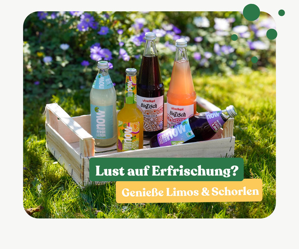 KI generiert: Eine Holzkiste mit verschiedenen Flaschen Limonade und Schorle im Freien. Text: "Lust auf Erfrischung? Genieße Limos & Schorlen".