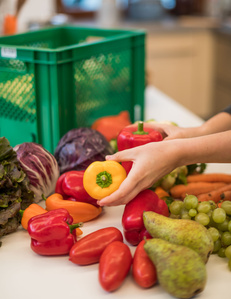 KI generiert: Auf dem Bild sind verschiedene frische Obst- und Gemüsesorten zu sehen, die auf einem Tisch liegen, darunter Paprika, Trauben, Karotten und Birnen. Eine Person hält eine gelbe Paprika in den Händen, während im Hintergrund eine grüne Kiste zu sehen ist.