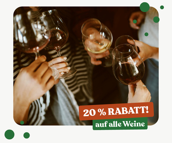 KI generiert: Personen stoßen mit Weingläsern an. Text: "20 % RABATT! auf alle Weine".