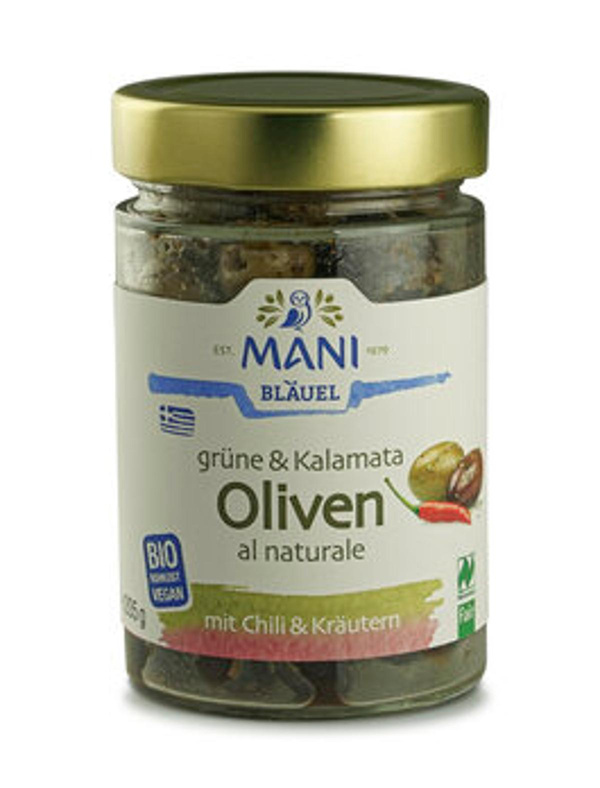 Produktfoto zu Mani Grüne & Kalamata Oliven mit Chili & Kräutern 205g