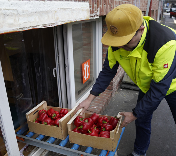 Frau packt Ökokiste aus