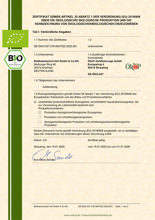 Bio-Zertifikat nach EU-ÖKO Verordnung