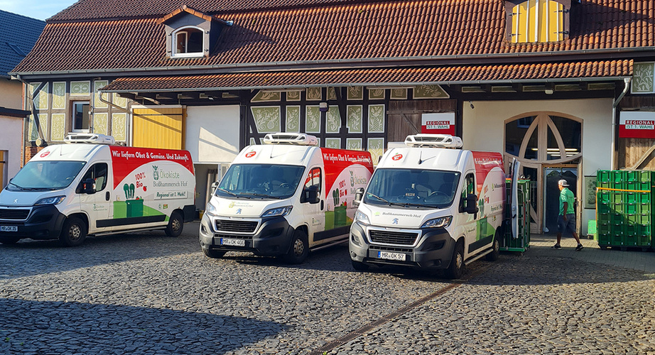 KI generiert: Drei Lieferwagen vor einem Gebäude mit Texten: "Wir liefern Obst & Gemüse. Auch Einzelhandel", "Biokiste".