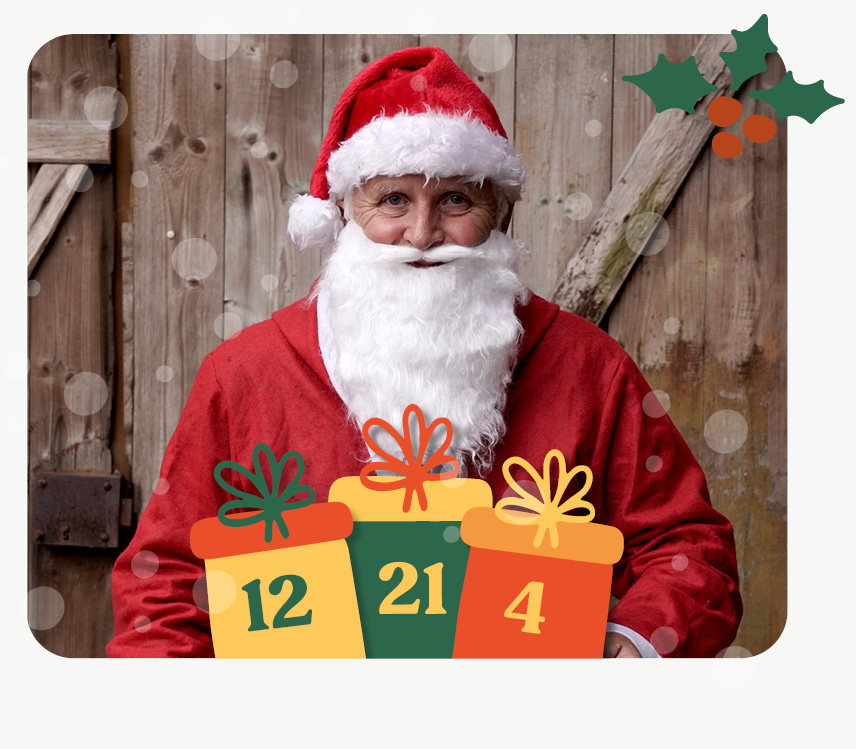 KI generiert: Weihnachtsmann mit Geschenken; Zahlen 12, 21, 4.