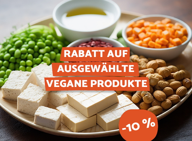 Teller mit Tofu, Hülsenfrüchte... mit dem Hinweis zur Rabattaktion 10% auf ausgewählte vegane Produkte