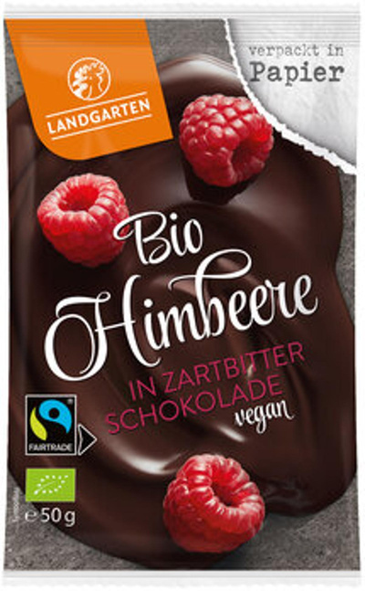 Produktfoto zu Landgarten Himbeere in Zartbitter Schokolade 50g
