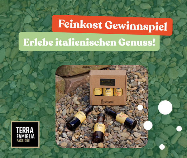 KI generiert: Feinkost-Gewinnspiel mit italienischen Produkten auf Kieselsteinen. Texte: „Feinkost Gewinnspiel“, „Erlebe italienischen Genuss!“, „Terra Famiglia Passione“.