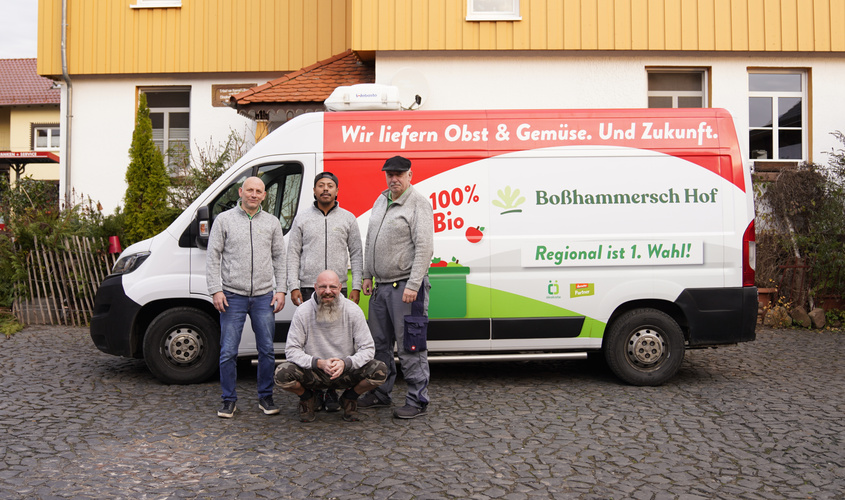KI generiert: Vier Personen stehen vor einem Lieferwagen mit der Aufschrift: "Wir liefern Obst & Gemüse. Und Zukunft."