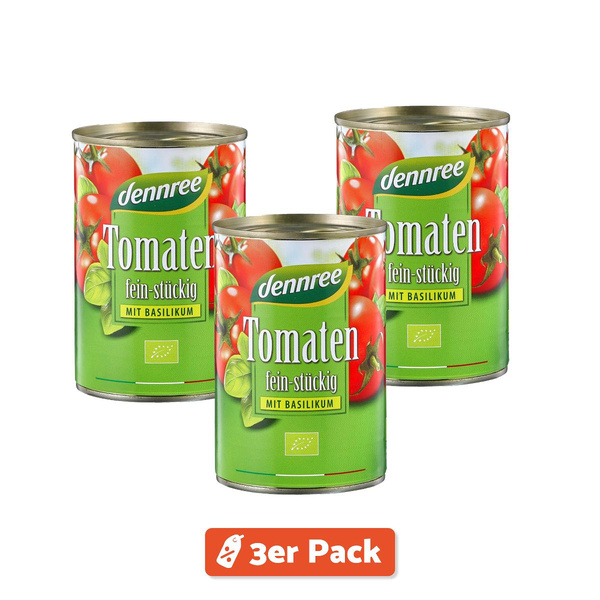 Produktfoto zu 3er Pack dennree Tomaten fein-stückig mit Basilikum 400g