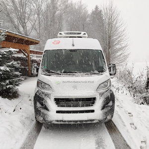KI generiert: Ein mit Schnee bedecktes Auto steht auf einer verschneiten Straße, umgeben von verschneiten Bäumen. Es schneit stark, was die winterliche Atmosphäre betont.