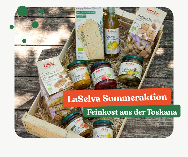 KI generiert: Ein Geschenkkorb mit italienischen Feinkostprodukten. Text: "LaSelva Sommeraktion - Feinkost aus der Toskana".
