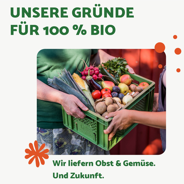 Warum Bio besser ist. Grüne Kiste gefüllt mit Bio-Obst und -Gemüse
