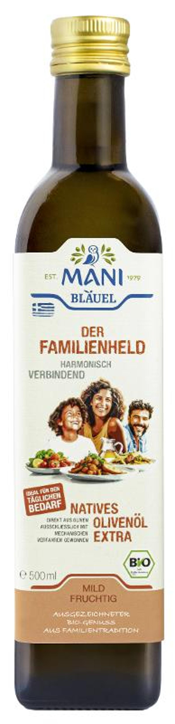 Produktfoto zu Mani Bläuel Familienheld, natives Olivenöl 500ml