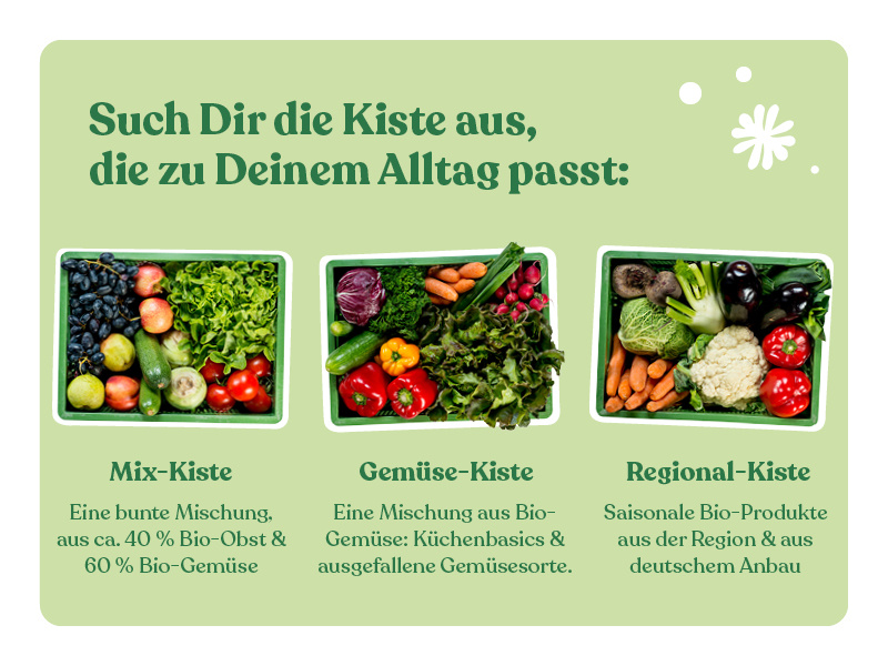 KI-generierte Beschreibung: Hauptinhalt: Auswahl an Bio-Kisten für verschiedene Bedürfnisse.

Text: "Such Dir die Kiste aus, die zu Deinem Alltag passt:
Mix-Kiste, Gemüse-Kiste, Regional-Kiste"