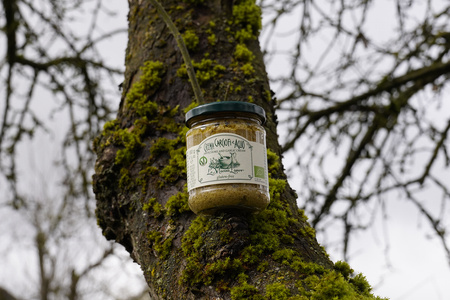 KI generiert: Das Bild zeigt eine Weinflasche mit der Aufschrift "Schönhals Samt & Seide" auf einer hölzernen Treppe, die von einem grauen Stoff umgeben ist. Der Fokus liegt auf der Weinflasche.