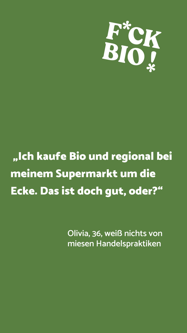 Grüne Farbkachel mit Text: Ich kaufe Bio und regional bei meinem Supermarkt um die Ecke. Das ist doch gut, oder?