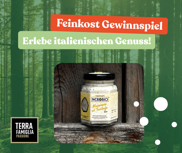 KI generiert: Feinkost-Gewinnspiel für italienischen Genuss. Bild zeigt ein Glas Trüffel-Mayo von TARTUFI NEROBIO.