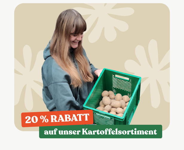 KI generiert: Frau hält Korb mit Kartoffeln. Text: "20 % RABATT auf unser Kartoffelsortiment".