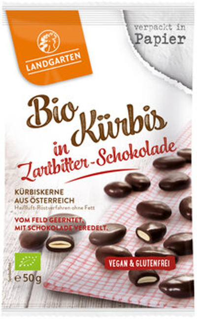 Produktfoto zu Landgarten Kürbiskerne in Zartbitter Schokolade 50g