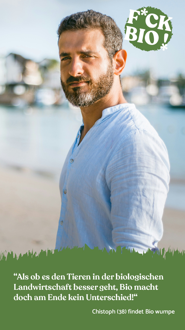 Mann mit Slogan F*CK BIO