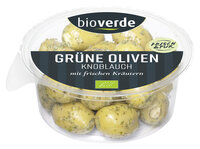 Grüne Oliven mit Knoblauch mariniert mit frischen Kräutern 150 g