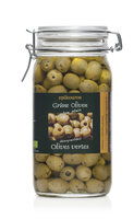 Grüne Oliven entsteint, in Kräuteröl, kaltverarbeitet